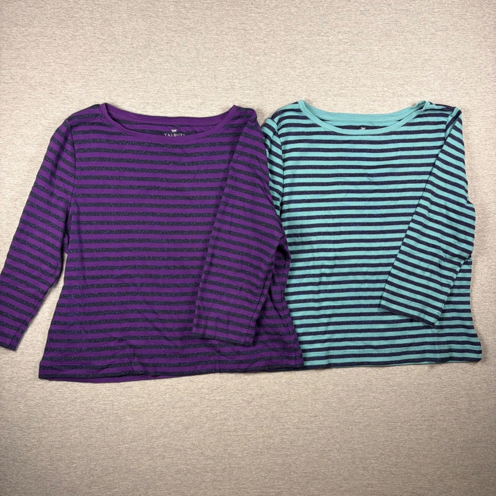 Talbots 2 Pack Tops Women XL Purple Teal Striped Metallic Pima Cotton 3/4 Sleeve